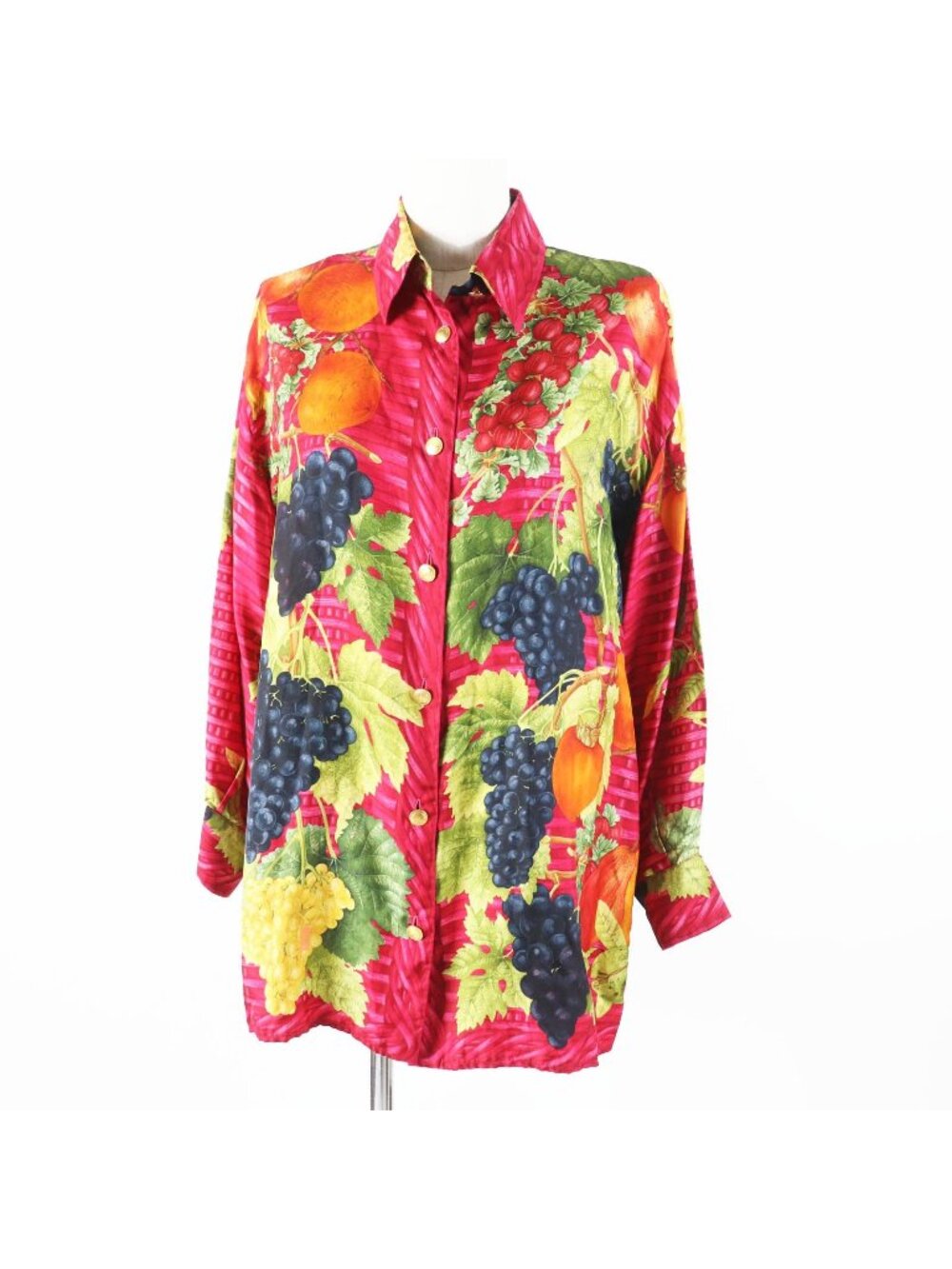 Gucci Vintage Tom Ford Era Silk 100% Fruit Print Long Sleeve Shirt with Gold